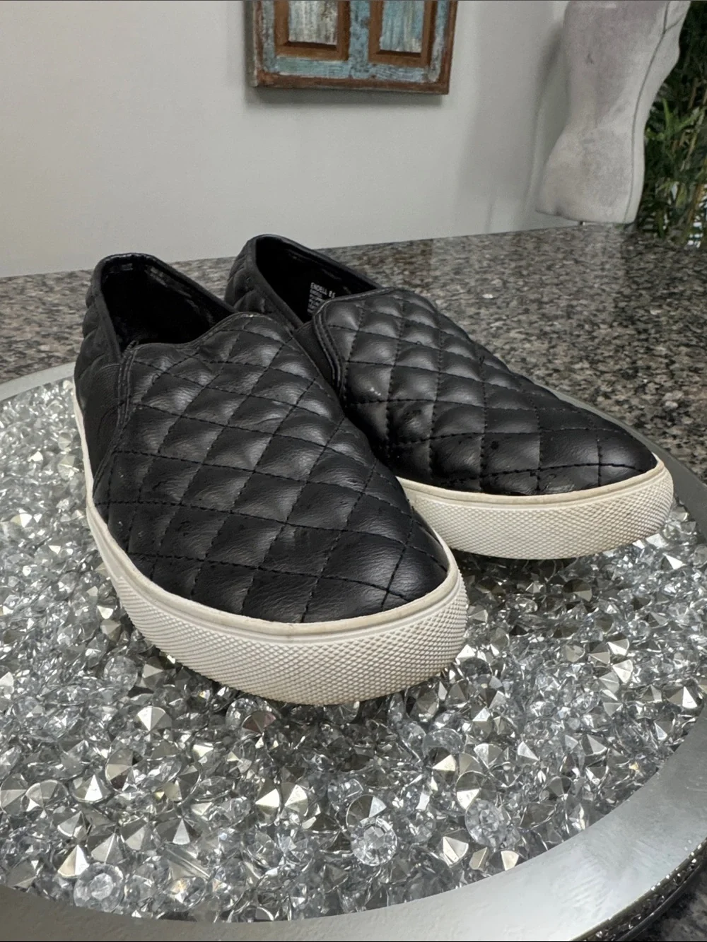 Steve Madden Black Quilted Slip-On Sneakers with White Sole 8.5